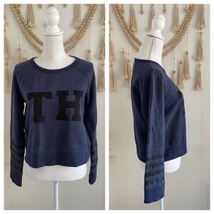 Tommy Hilfiger navy blue crew neck sweatshirt collegiate striped Y2K sporty S